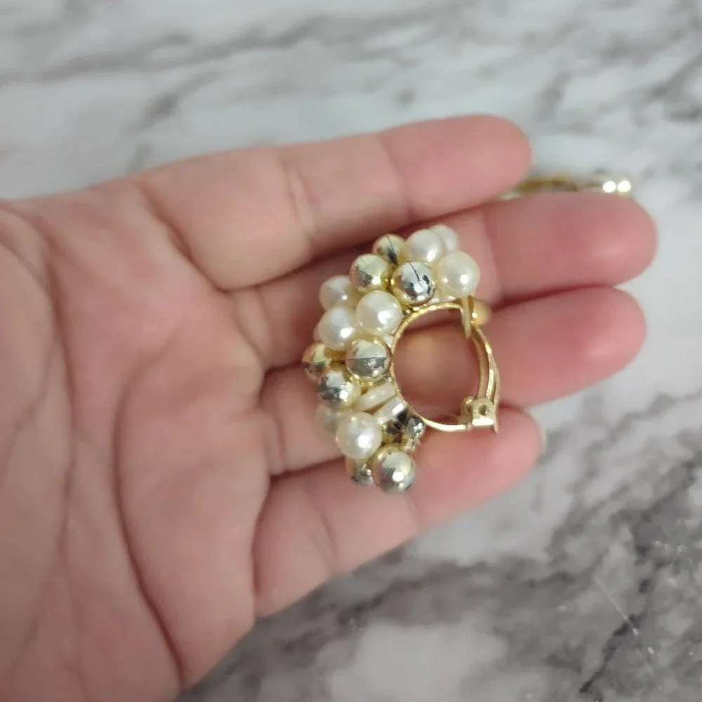 Vintage 80s Clip On Earrings Faux Pearl Bead Strands Dangle Statement 1.5